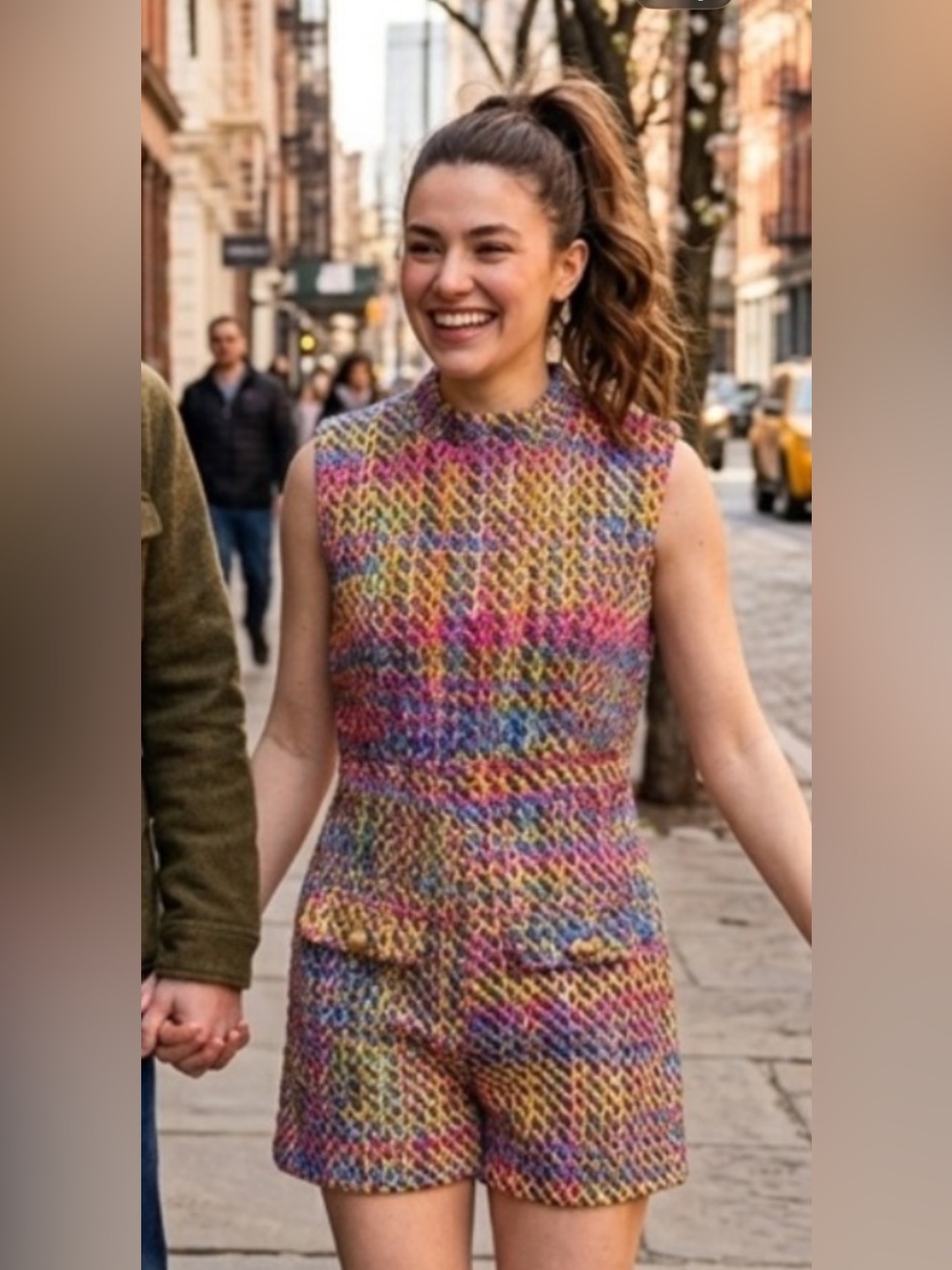 Vintage Inspired Confetti Weave High Neckline Sleeveless Pocket Flat Romper S